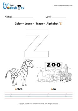 Capital letter Z Color learn and trace - Free printable worksheets