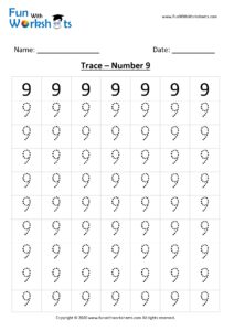 Trace and Learn Number 9 for Preschool Kids .