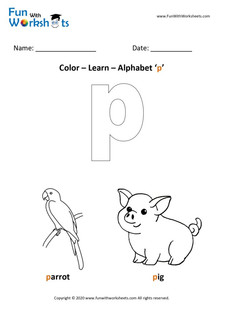 Color and learn small alphabets ( Letter p ) - Free printable worksheets