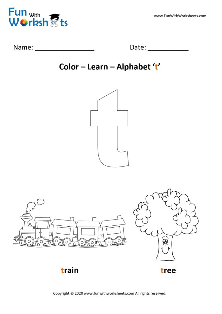 color and learn small alphabets letter t free printable worksheets