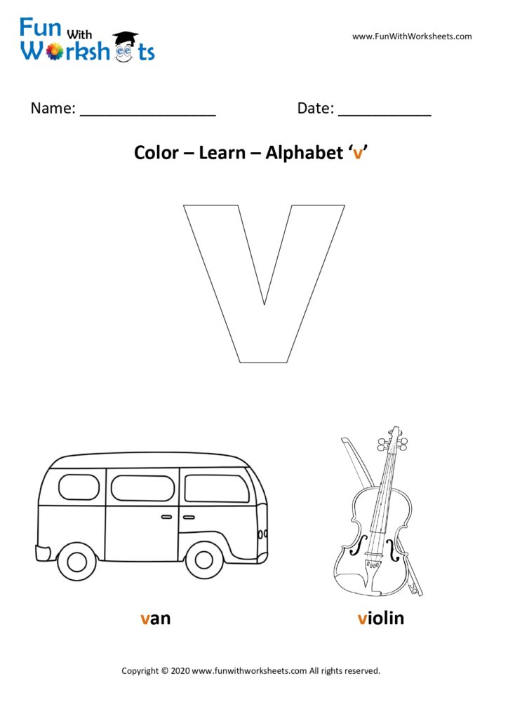 Color and learn small alphabets ( Letter v ) - Free printable worksheets