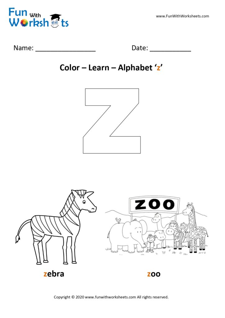 color and learn small alphabets letter z free printable worksheets