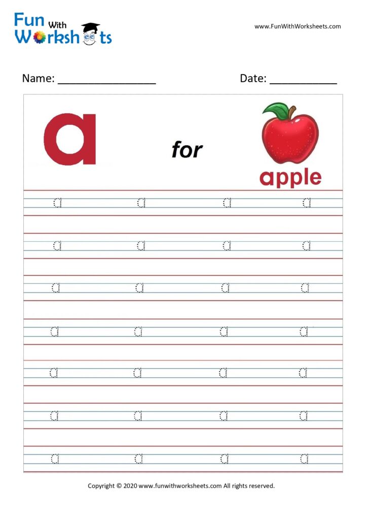 trace alphabets small letter a free printable worksheets