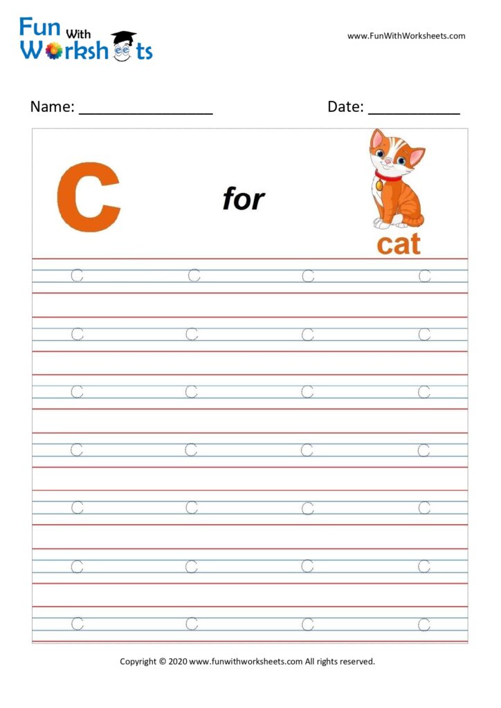 trace alphabets small letter c free printable worksheets