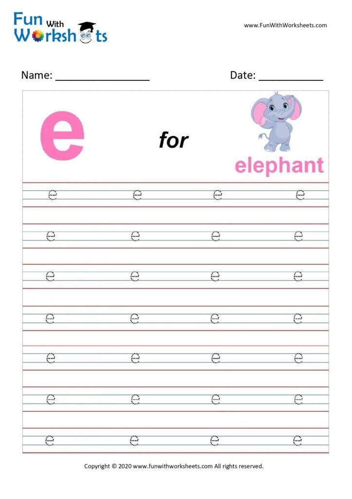trace alphabets small letter e free printable worksheets