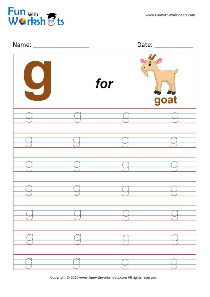 trace alphabets small letter g free printable worksheets