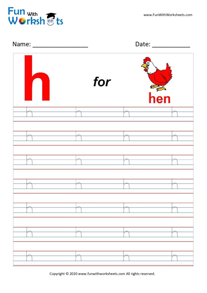trace alphabets small letter h free printable worksheets