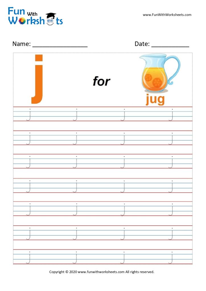 trace alphabets small letter j free printable worksheets