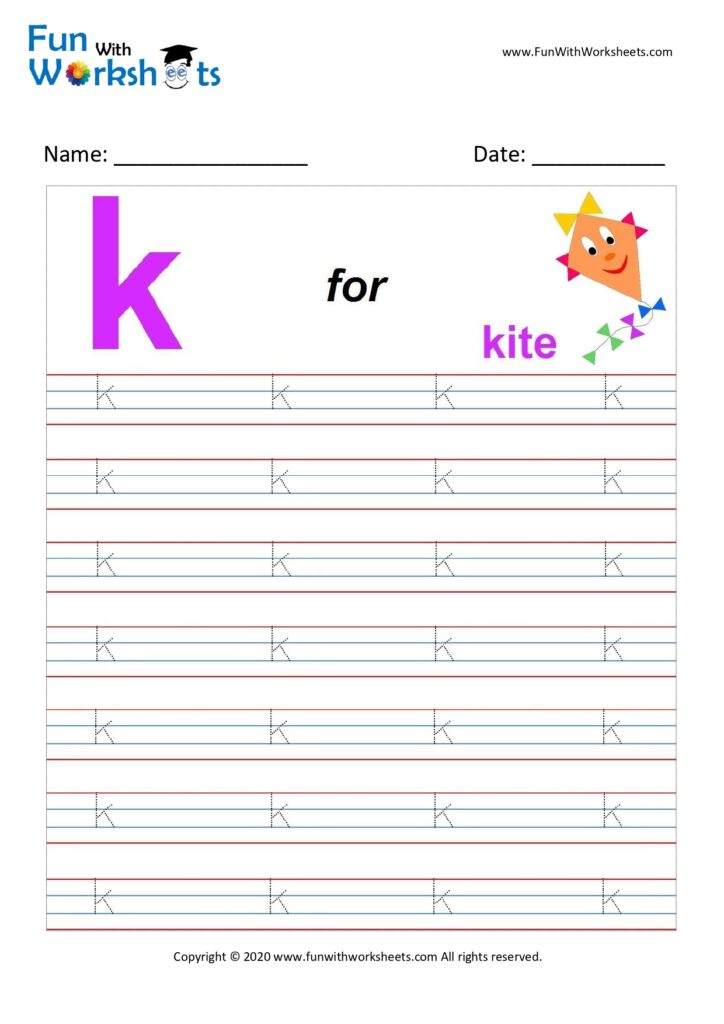 trace alphabets small letter k free printable worksheets
