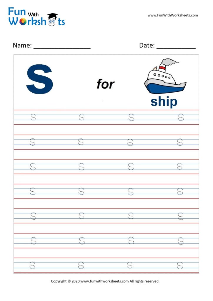 trace alphabets small letter s free printable worksheets