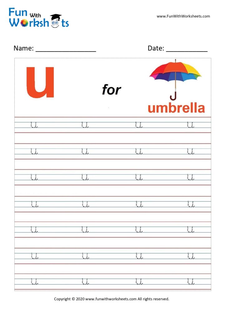 trace alphabets small letter u free printable worksheets