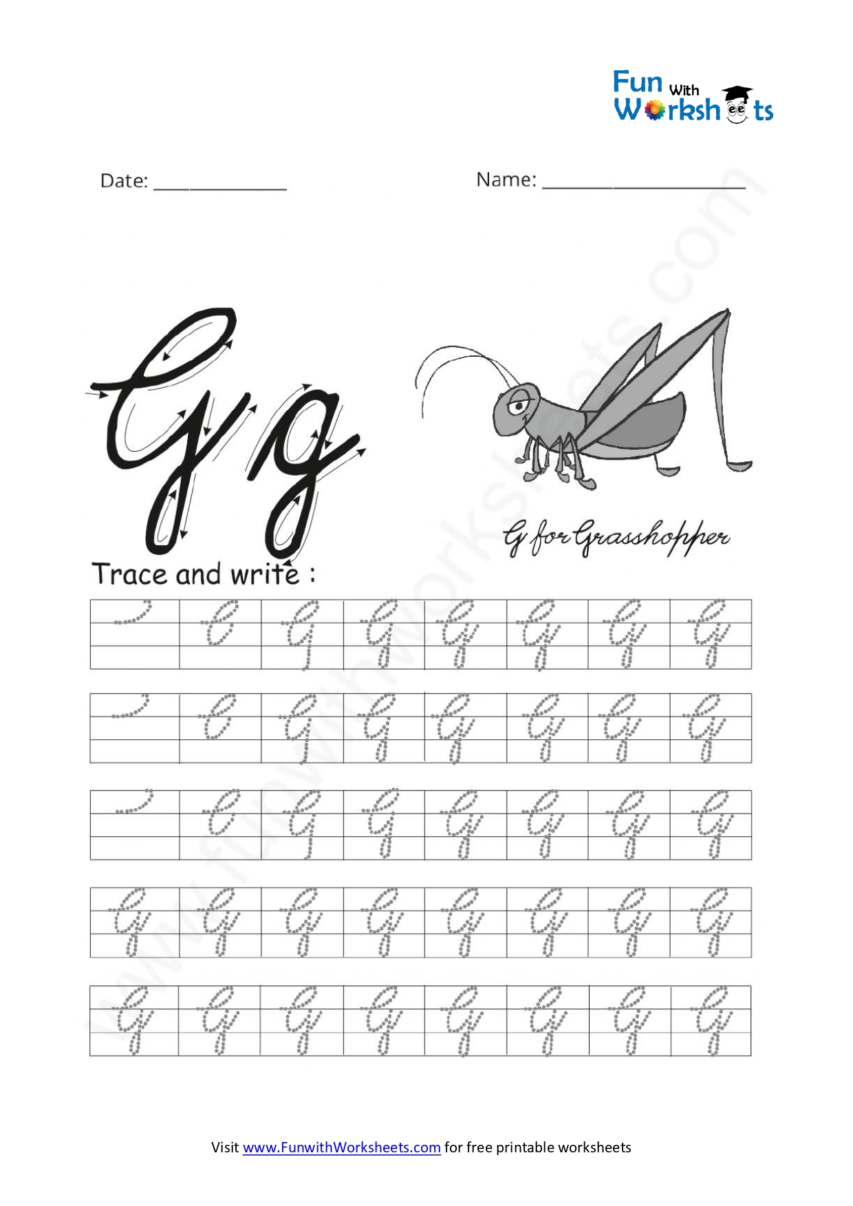Cursive Handwriting Practice Capital Letter G - free printable