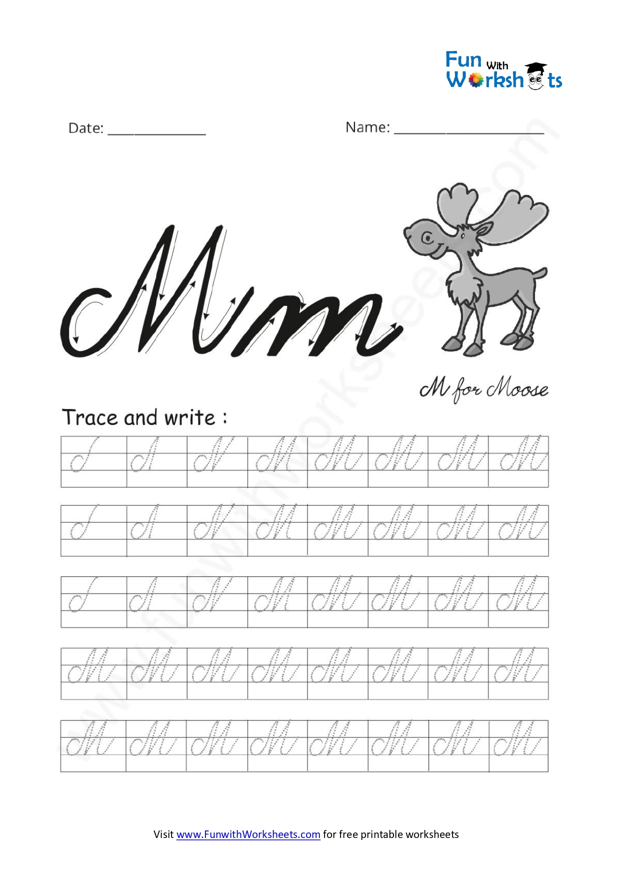 Cursive Handwriting Practice Capital Letter M - free printable worksheets