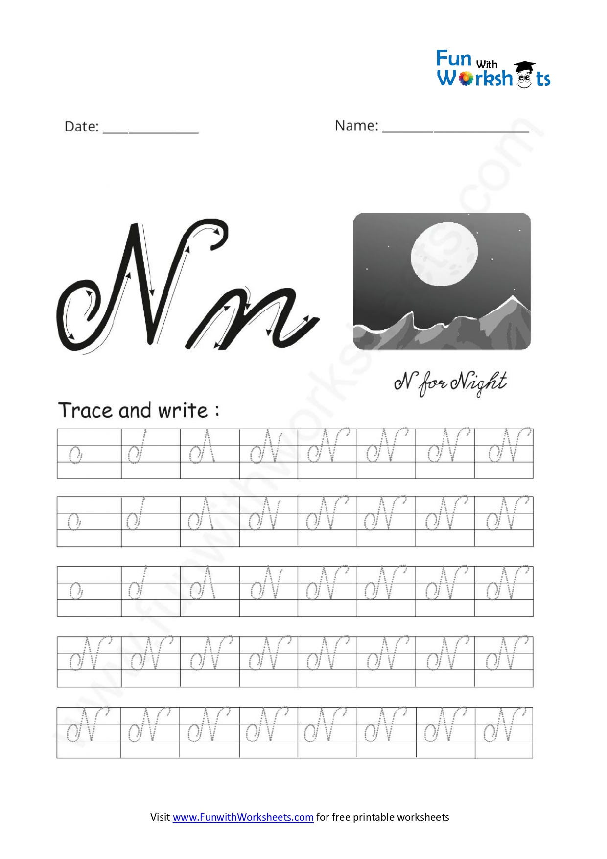 Cursive Handwriting Capital Alphabet N Practice