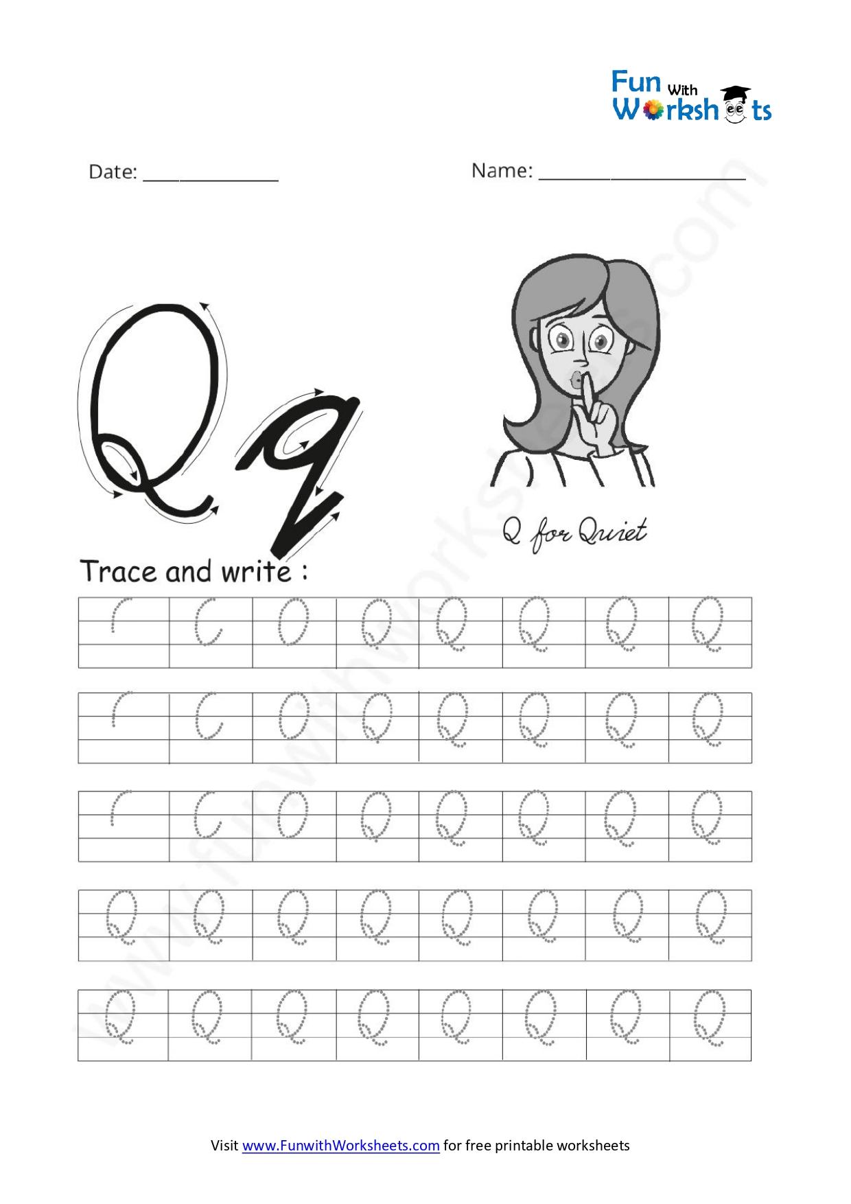 Cursive Handwriting Practice Capital Letter Q - free printable