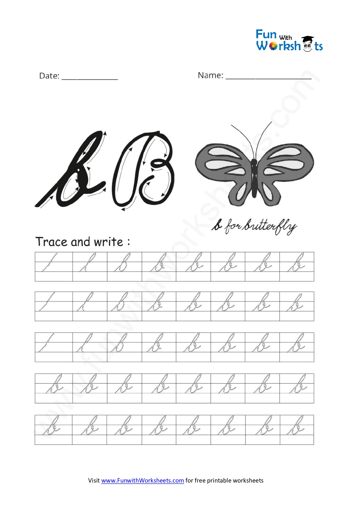 cursive handwriting small letter b free printable worksheets