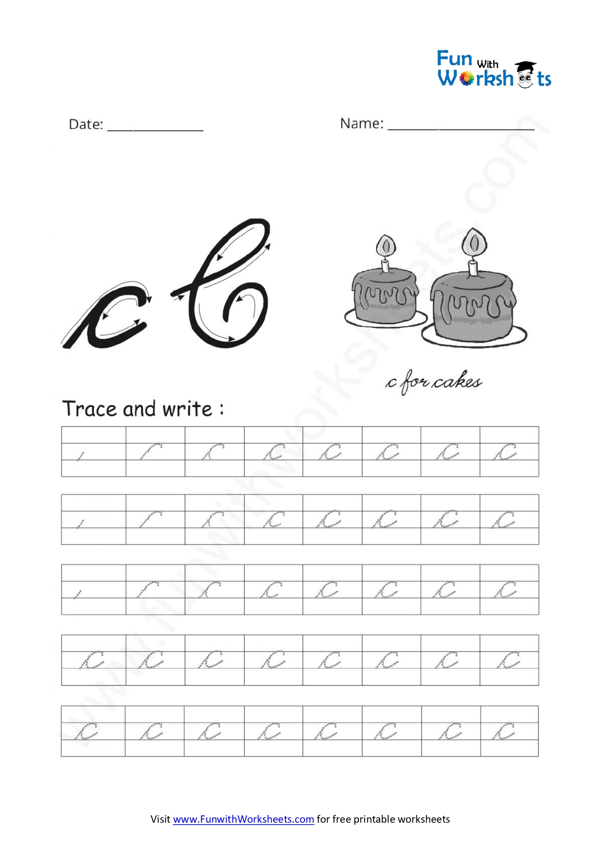 Cursive Handwriting (small Letter c) - free printable worksheets