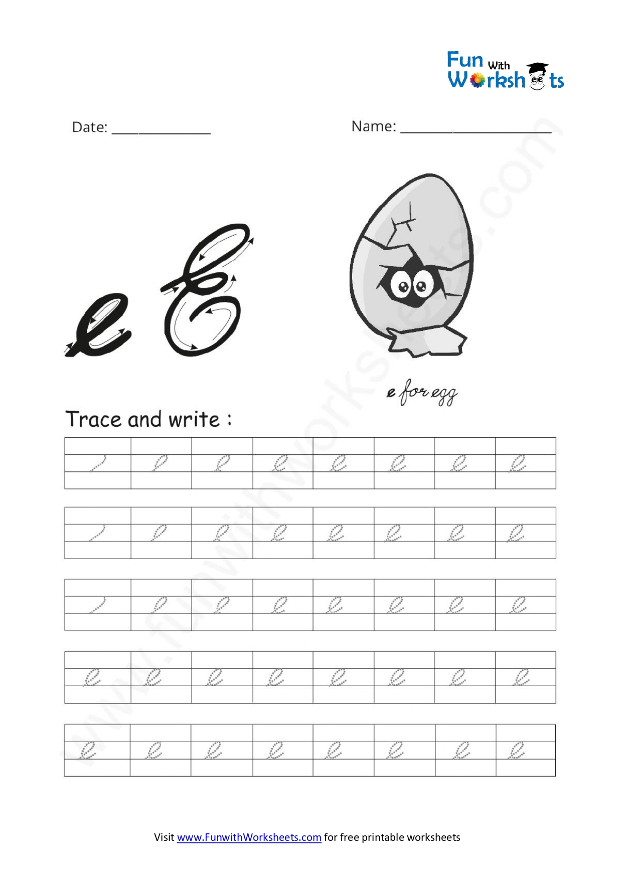 Cursive Handwriting (small Letter e) - free printable worksheets