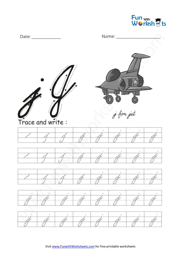 Cursive Handwriting small Letter J Free Printable Worksheets