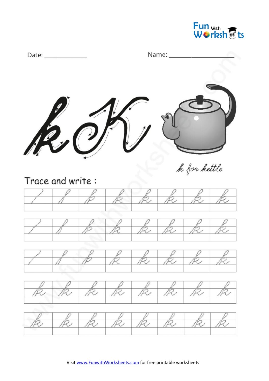 cursive handwriting small letter k free printable