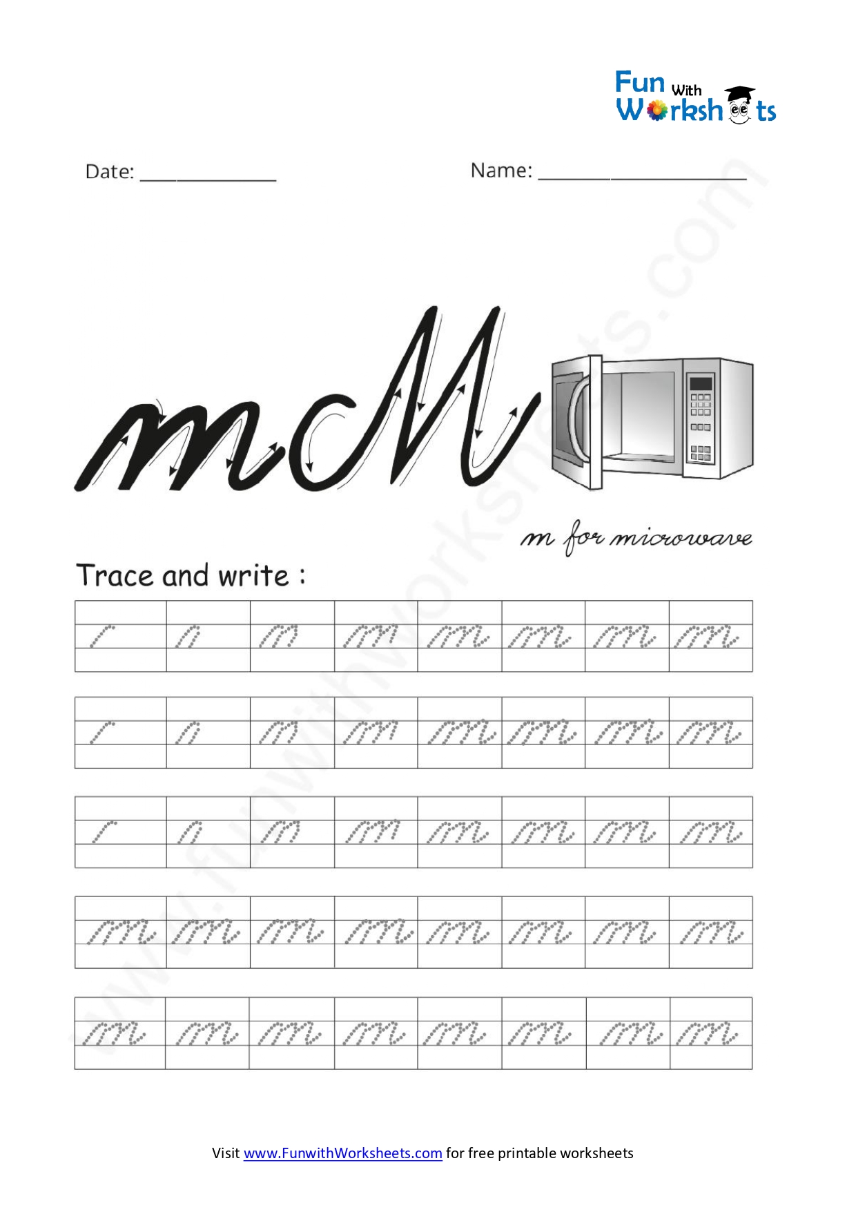 cursive handwriting small letter m free printable worksheets