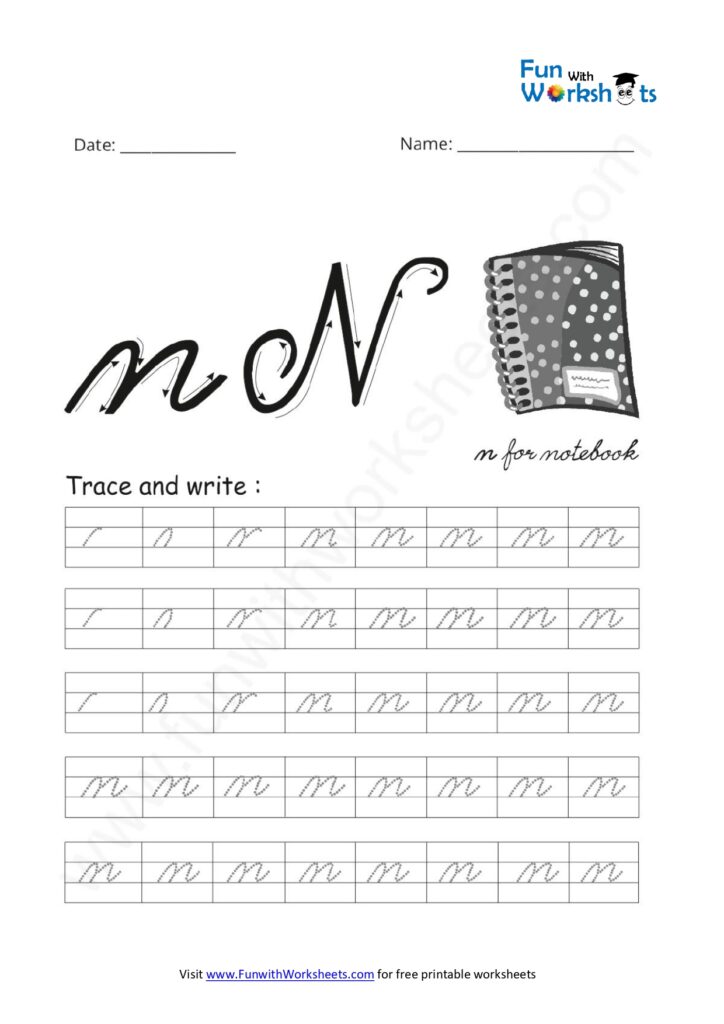 Cursive Handwriting (small Letter n) - free printable worksheets