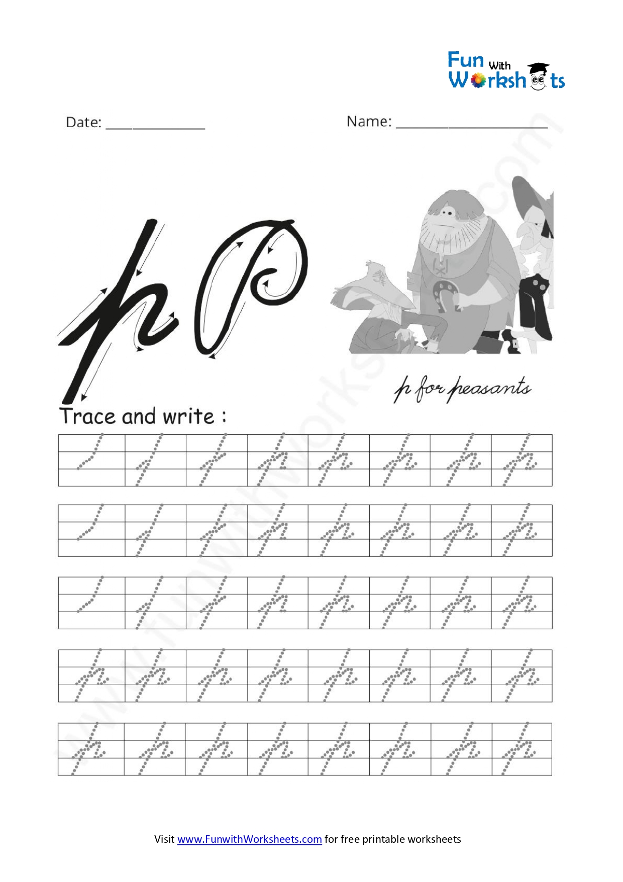 Cursive Handwriting (small Letter p) - free printable worksheets