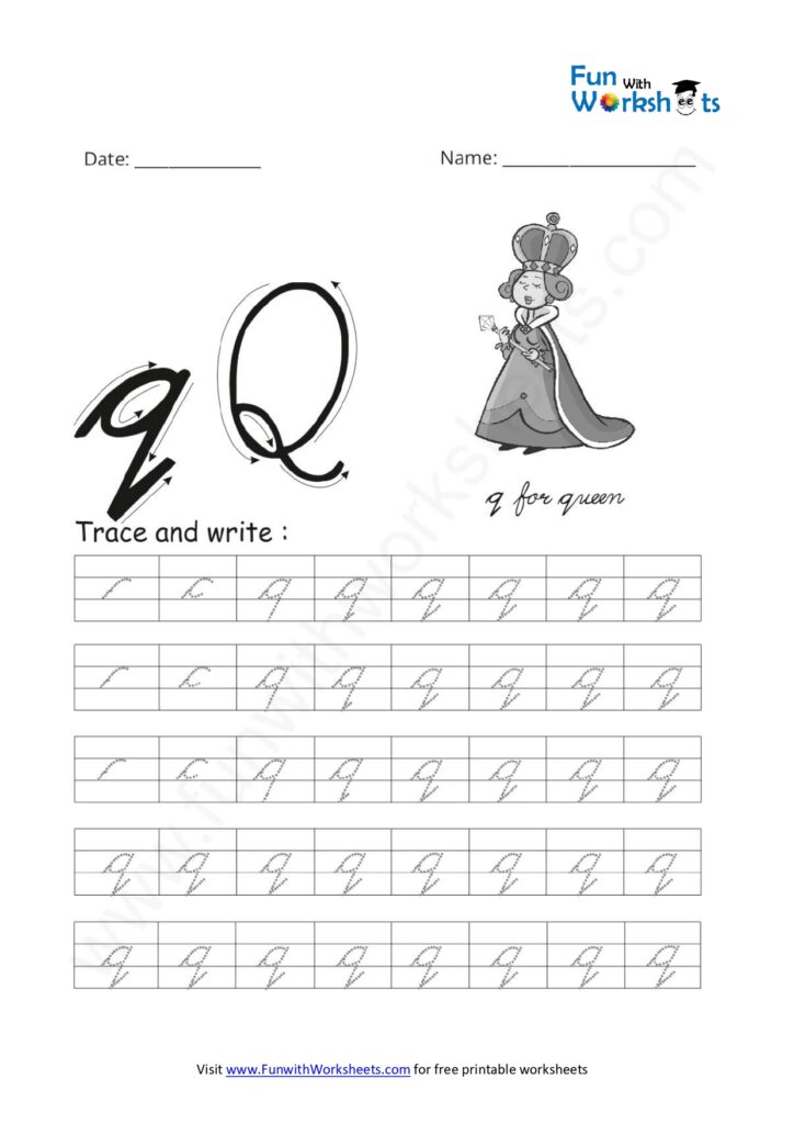 cursive handwriting small letter q free printable worksheets