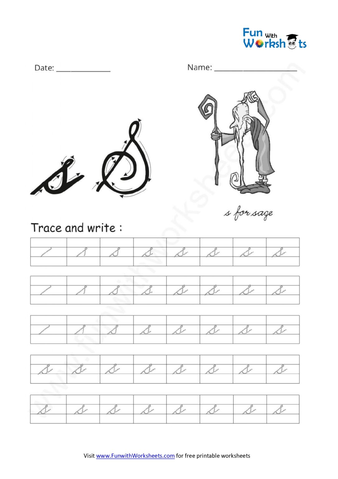 Cursive Handwriting (small Letter s) - free printable worksheets