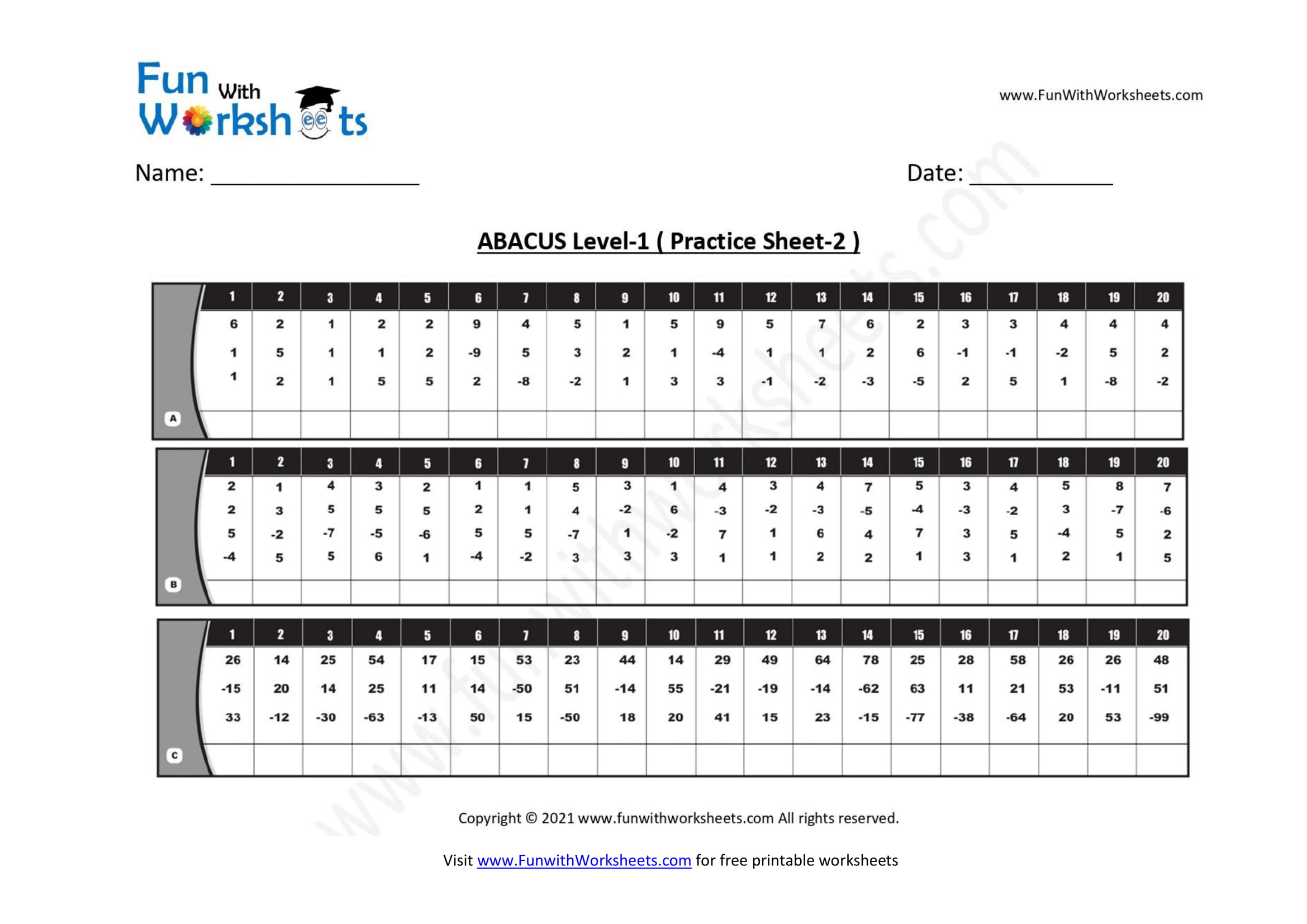 Abacus Level 1 Practice Worksheet 2