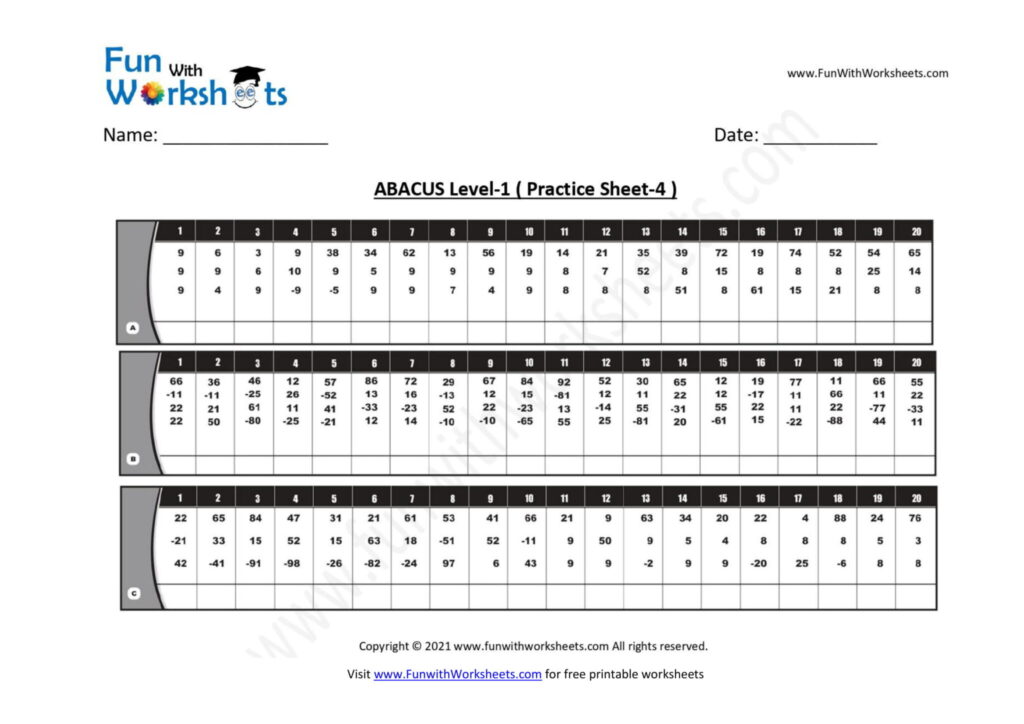 Abacus Level 1 Practice Worksheet 4