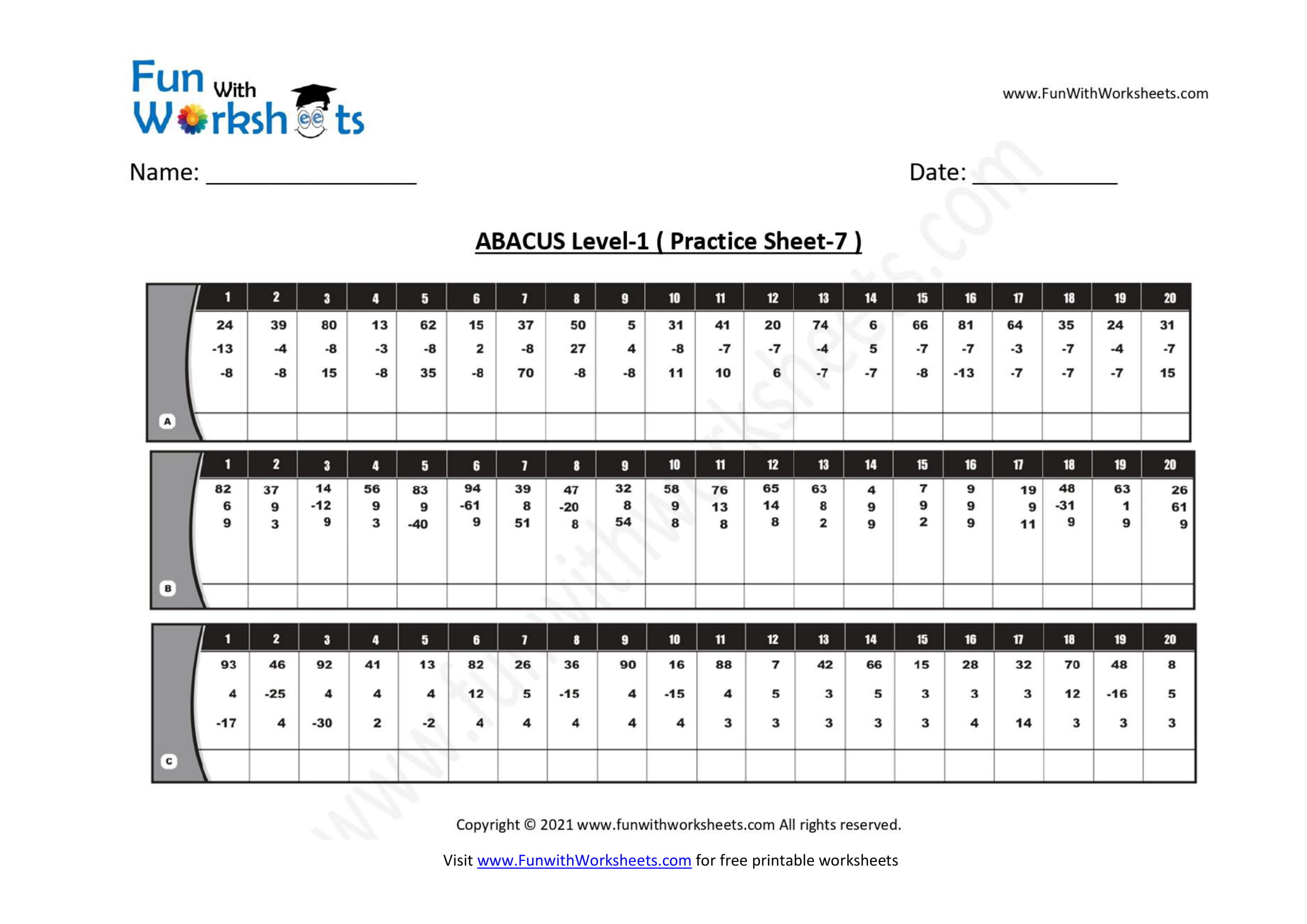 Abacus Level 1 Practice Worksheet 7