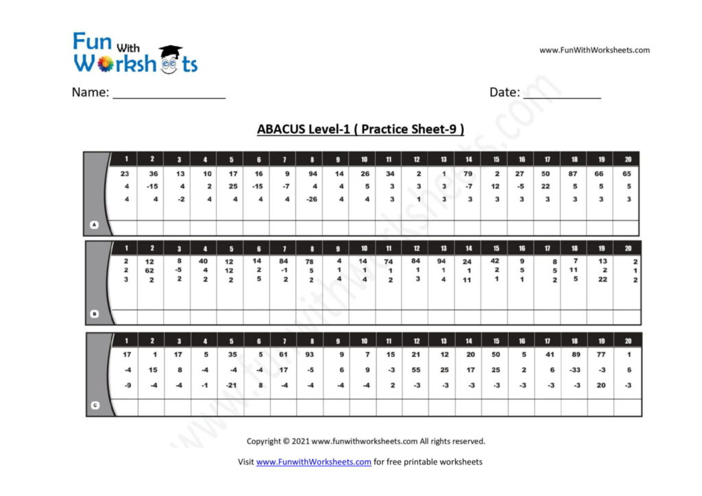 Abacus Level 1 Practice Worksheet 9