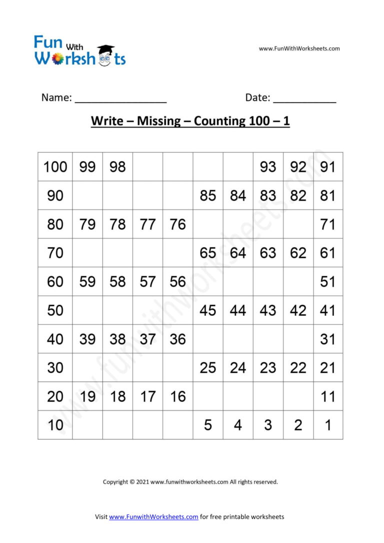 Write and Learn Reverse Counting - Write missing Numbers