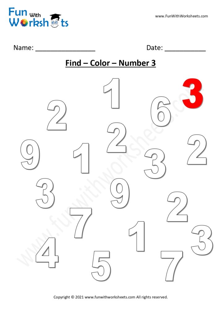 find color number three free printable worksheets