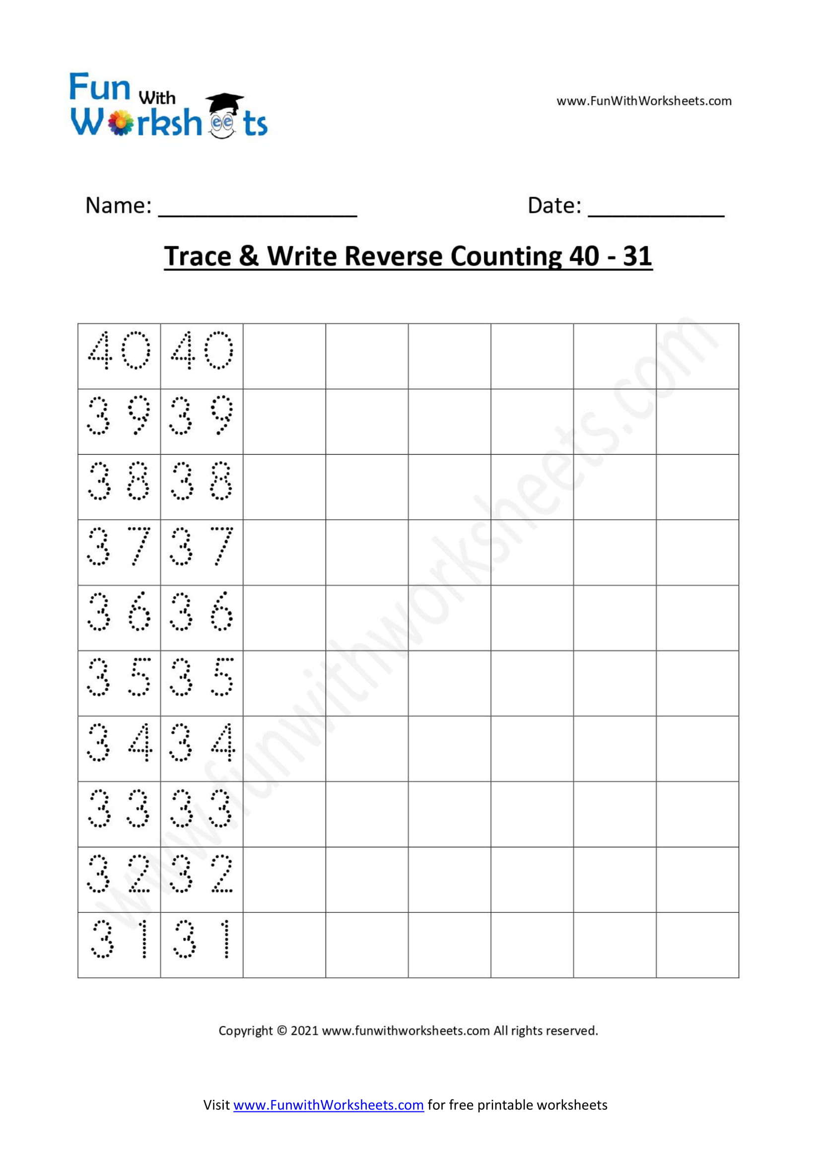 Trace And Learn Reverse Counting 40 31 Funwithworksheets