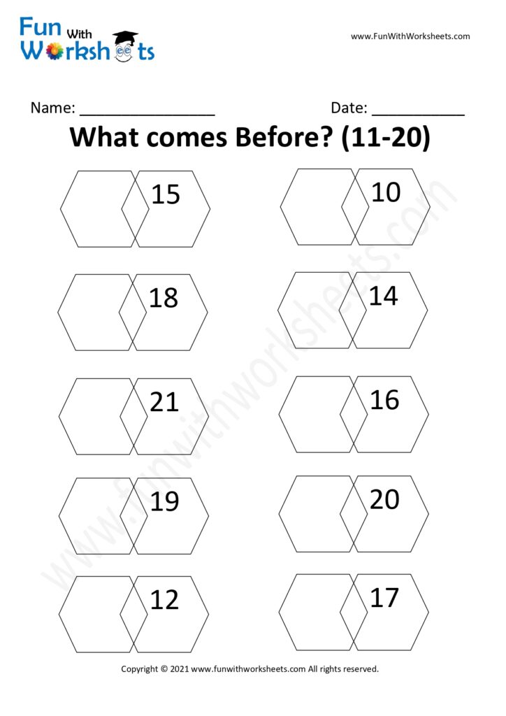 KG Practice worksheet 19 for After Before Number Practice