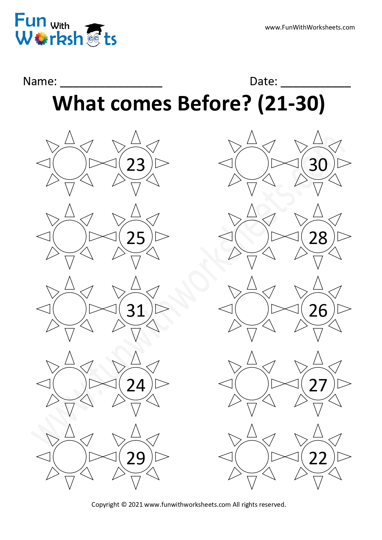 10 Printable Numbers 21-30 Tracing Worksheets.