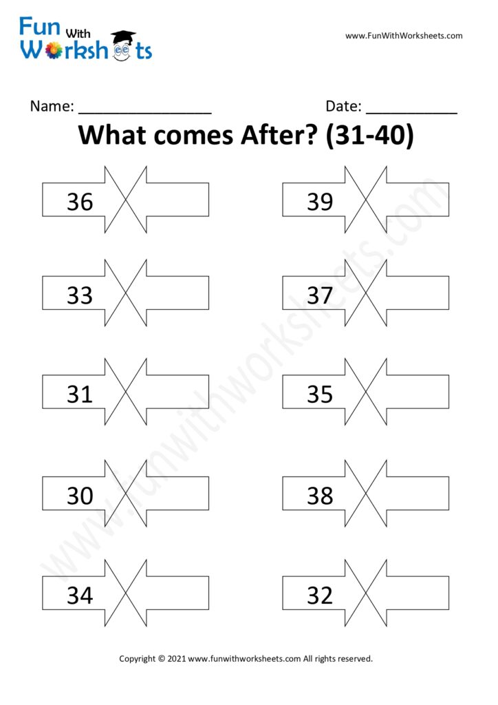 KG Practice worksheet 40 for After Before Number Practice