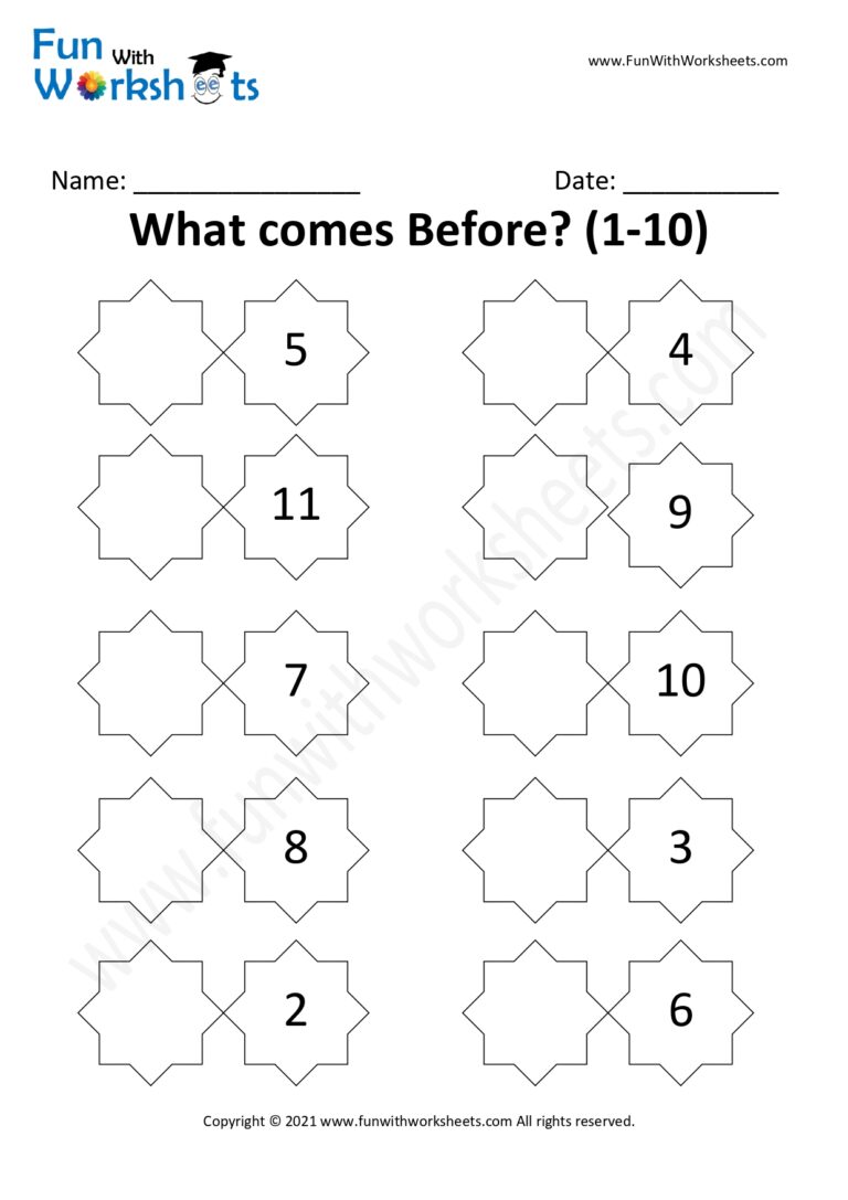 KG Practice worksheet 5 for After Before Number Practice