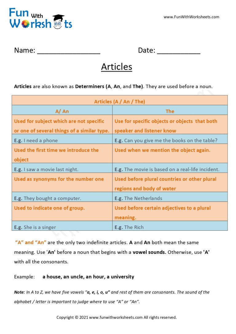 Learn and Practice Articles - Free Printable Worksheets