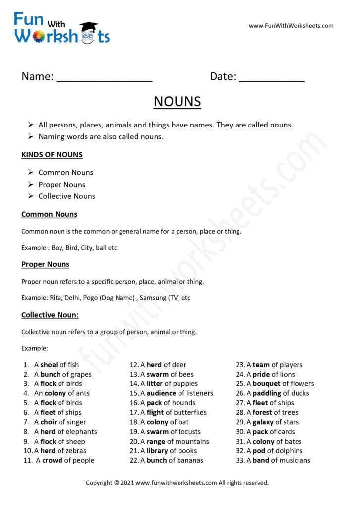 Learn and Practice Nouns - Free Printable Worksheets