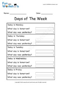 Days of the Week Yesterday and Tomorrow Worksheet / Worksheet